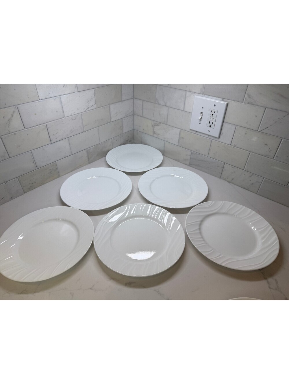 Set of 6 Vintage Corelle "Swept" White Embossed Wave Dinner Plates – Made in USA